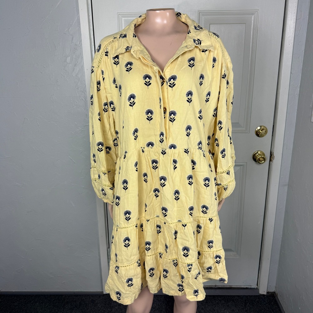 Anthropologie Maeve Bettina Linen Shirt Dress XL Floral Button Tiered Mini JJ23